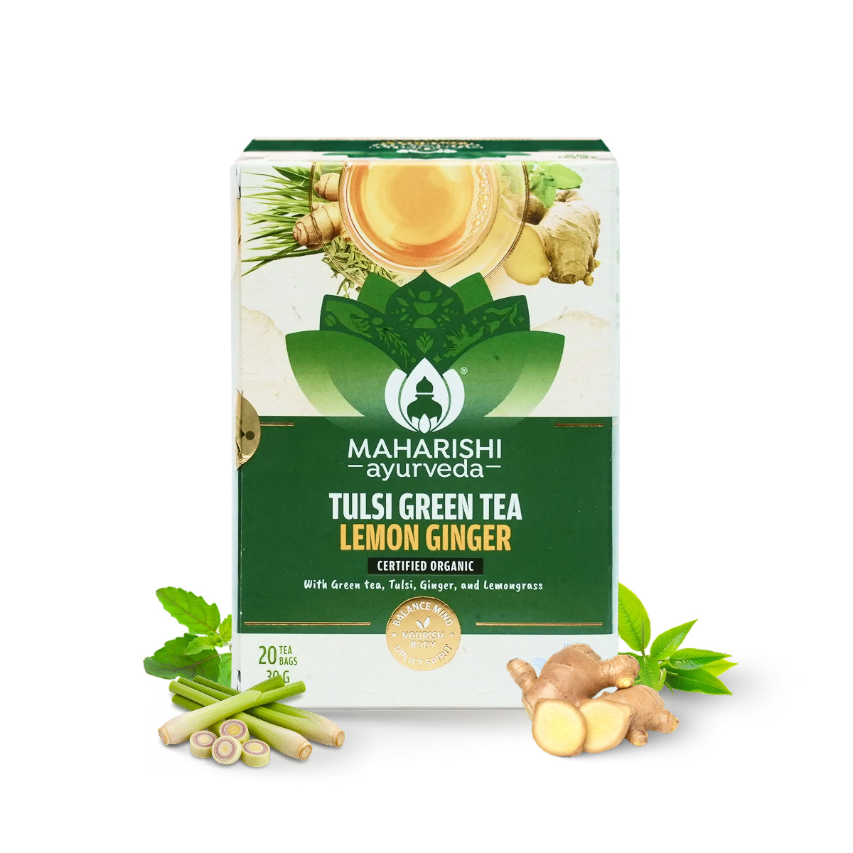 Tulsi Green Tea Lemon Ginger | Ayurvedic Stress Relief & Immunity
