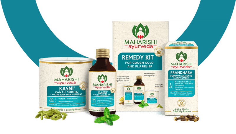 Remedy Kit for Cough, Cold & Flu (Kasni Syrup 50 ml, Prandhara 3ml & Kasni Kanth Sudha 30 Pastilles) - Maharishi Ayurveda India